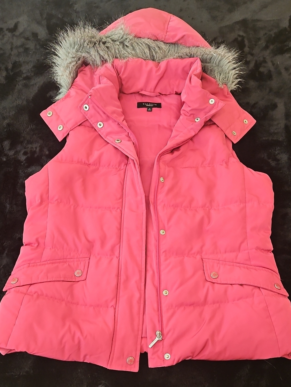 Talbots Pink Quilted Hooded Down Puffer Vest with Faux Fur Trim - Sz M